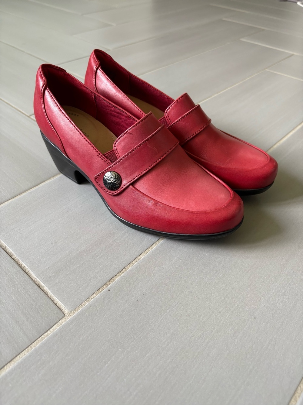 Clarks Red Leather Low Block Heel Loafers